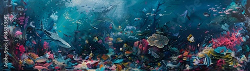 Vibrant underwater scene with colorful coral reefs, various fish, and marine life in a beautifully rendered aquatic environment.