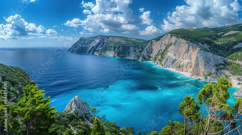 A panoramic view of Porto Katsiki, where the turquoise sea meets the dramatic cliffs, a perfect natural symphony of color and form in Lefkada.