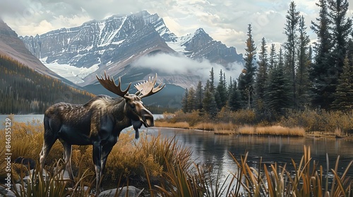 A Canadian wildlife scene with a moose as the focal point, capturing the essence of large mammals in their natural habitat using traditional art mediums