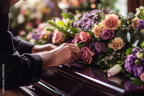 Laying flowers on the coffin. Funeral. Funeral services. Funeral decoration and organization services. Burial