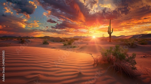 A dramatic desert landscape with towering sand dunes, a blazing sunset.