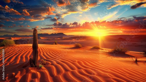 A dramatic desert landscape with towering sand dunes, a blazing sunset.