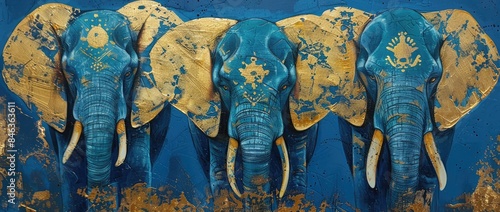 Three blue elephant with golden tusks, oil color painting on golden or yellow background