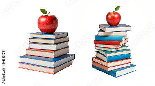 Pile of school books with red apple on top, back to school, png isolated background