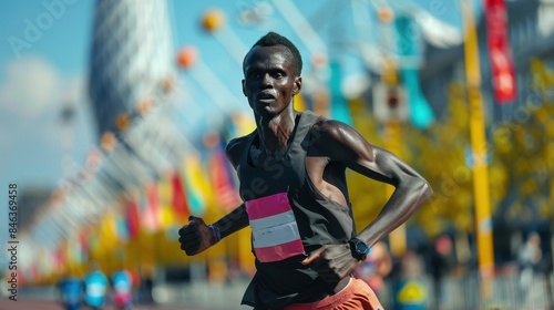 A man running with a pink and white stripe on his shirt