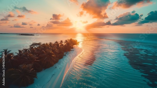 Fantastic aerial sunset of beautiful Maldives paradise tropical beach Amazing colorful sea sky bay water palm trees sandy beach panorama Luxury travel vacation destination Best popular : Generative AI