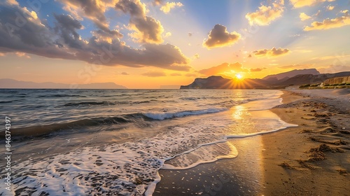 Sunset at the beach Sundown on thw beach beautiful photography Beautiful sunset on the beach of Crete evening golden beach : Generative AI
