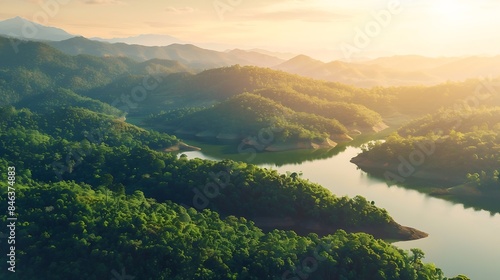 Beautiful landscape of green mountains and lake in the morning with sunrise sky Nature landscape Watershed forest Water and forest sustainability concept Aerial view of mountain with g : Generative AI