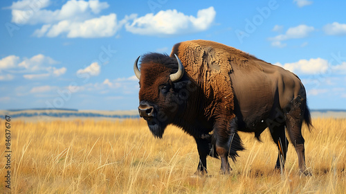 European Bison in Yellow Grassy Field Under Blue Sky