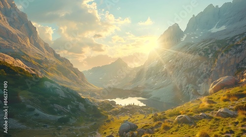 Mountain landscape at dawn Sunbeams in a valley Lake and high peaks in a mountain valley at dawn Natural landscape with bright sunshine High rocky mountains : Generative AI