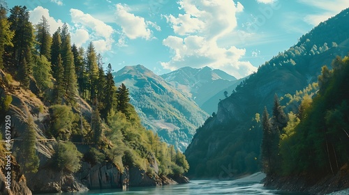 The mountain landscape and the river are in the foreground the mountain slopes are covered with green trees summer day mountain landscape : Generative AI