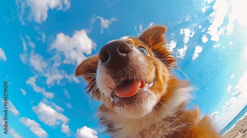  A tight shot of a dog's face against a backdrop of blue sky and white clouds