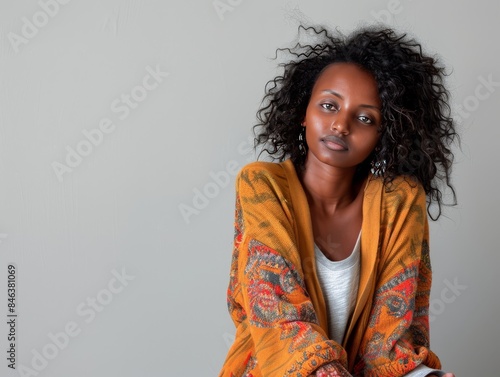 Elegant Ethiopian Woman in Stylish Casual Attire on Light Grey Background with Copy Space