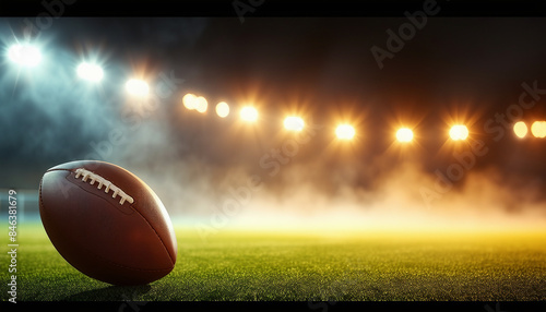 football ball in front of warm-toned spotlights on the field and foggy background
