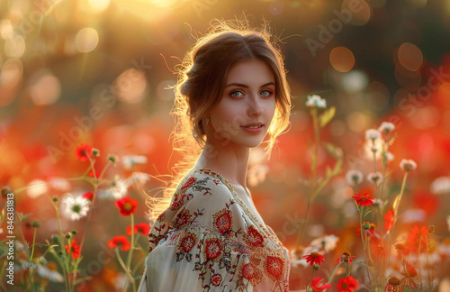 Independence Day (Armenia). A stunning portrait of a young woman wearing a traditional Armenian embroidered dress.