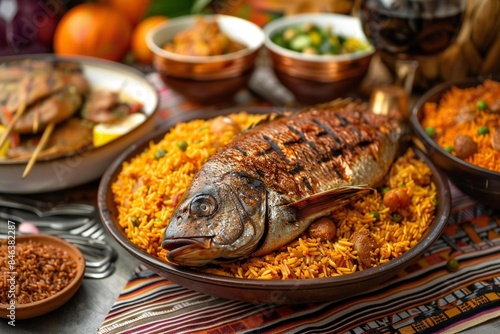 Independence Day (Guinea-Bissau). A still life composition featuring traditional Guinean foods and drinks, such as Jollof rice, grilled fish, and palm wine.