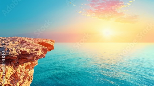  A man stands atop a cliff, gazing out at a body of water as the sun rises over the ocean horizon and a cliff forms the foreground