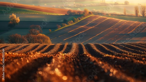 Selective blur on furrows in an agricultural landscape near a farm, depicting a plowed field in the countryside of Titelski, Serbia, Voivodina.