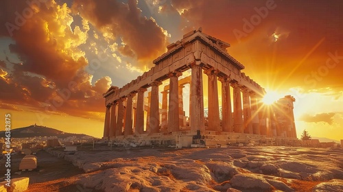  The ruins of an ancient Greek temple, the Parthenon, situated on the Acropolis in Athens, Greece, illuminated by a beautiful sunset.