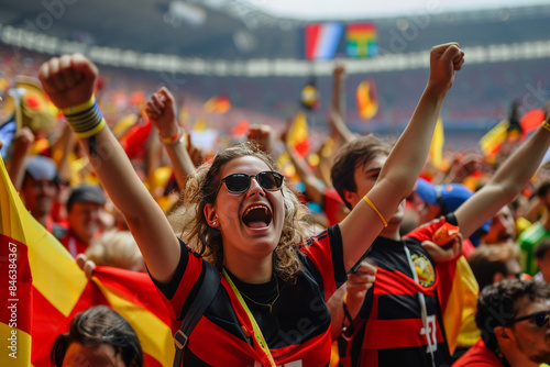 Fans in vibrant colors and faces painted showing their support and excitement at a soccer match