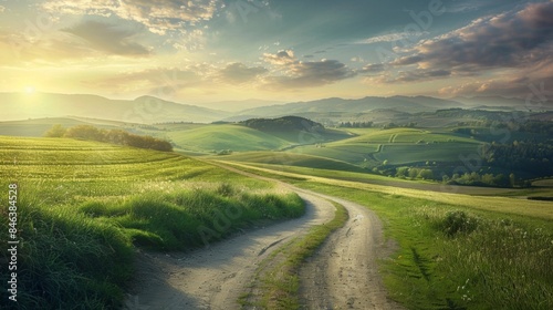 A rugged unpaved road winds its way through a rural oasis with verdant fields stretching as far as the eye can see and the sun casting . AI generation.
