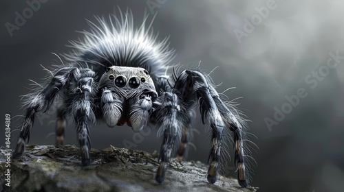  A detailed shot of a spider perched on a rock, with a sky serving as the backdrop The sky is foggy and obscured, revealing just one leg of the spider