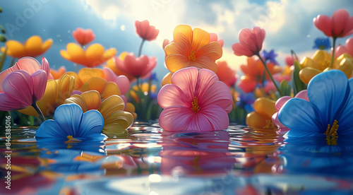 On the water, inflatable balloon flowers, The pistil of the flower is round and smooth, yellow, pink, and blue flowers. Generative AI.