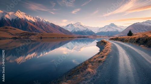tranquil lake with a winding road leading towards a majestic mountain range at sunset