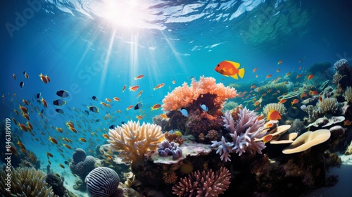 vibrant coral reef teeming with colorful marine life, including clownfish darting among anemones, schools of fish shimmering in the sun-dappled waters
