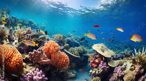 a vibrant coral reef teeming with colorful fish, sharp and clear against a soft, blurred background of clear blue water and swaying seaweed.