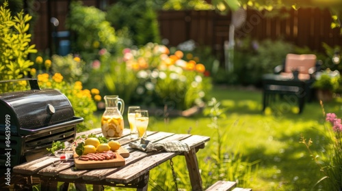 Summertime Bliss - Colorful Backyard Garden with Gas Grill, Lemonade Pitcher, and Weathered Wooden Table