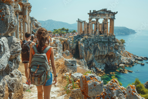 A group of tourists taking a guided tour through an ancient ruin. Concept of historical sites and guided tours. Generative Ai.