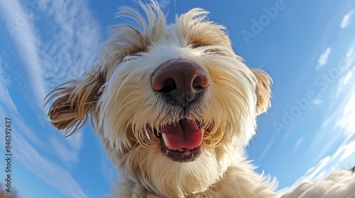  A tight shot of a dog's face against a backdrop of a blue sky with scattered clouds