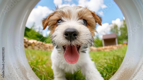  A tiny white and brown dog lies in the grass, tongue out, situated before a white tube Above, a blue sky stretches with fluffy white clouds Surrounding the scene,