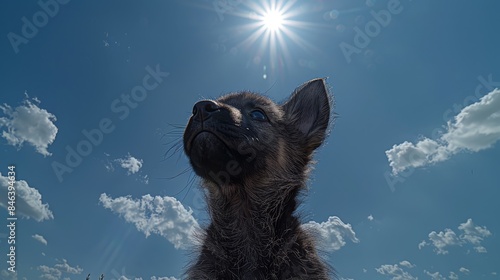  A tight shot of a small dog gazing at the sky Sun and clouds in the backdrop, sunlit top of dog's head