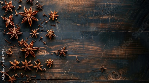 An arrangement of anise stars on a wooden surface