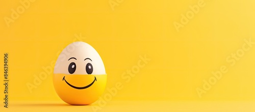 A winking emoji painted on an egg standing alone on a yellow background copy space image