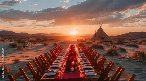 A long dinner table in the desert. Red wild flower arrangements. red fabric cover. Luxury Evening dinner. Glamping. Generative AI.