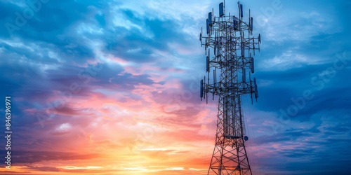 Telecommunication tower in a rural landscape at sunset, symbolizing modern communication technology and infrastructure, Generative AI