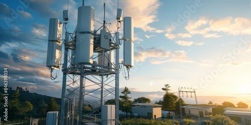 Telecommunication tower in a rural landscape at sunset, symbolizing modern communication technology and infrastructure, Generative AI