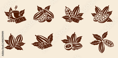 Set of cocoa and chocolate logo, design with leaves in vector