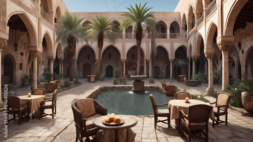 courtyard of a caravanserai, in a medieval setting, palm trees, water feature, divans, tables and chairs, very detailled