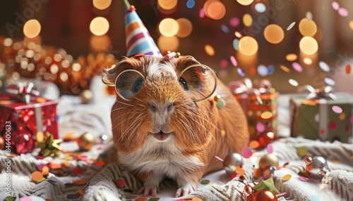 Guinea Pig in a Party Hat and Round Glasses Among Miniature Presents and Confetti on a Festive Blanket with Natural Light