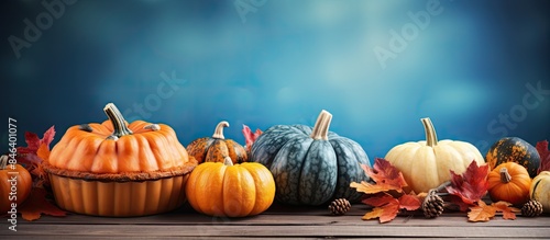Autumn dessert with a homemade pumpkin pie surrounded by raw pumpkins and squashes on a copy space image of a blue wooden background