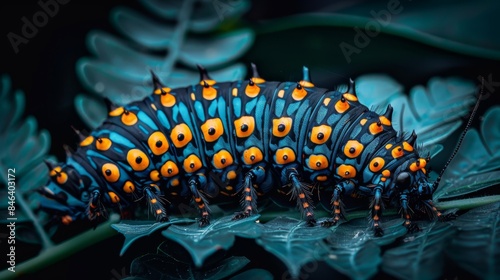  A tight shot of a caterpillar on a green leaf, its orange and black-spotted body contrasting against a black backdrop