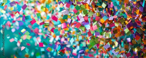 A vibrant explosion of confetti, featuring a burst of colorful paper pieces in various shapes and sizes