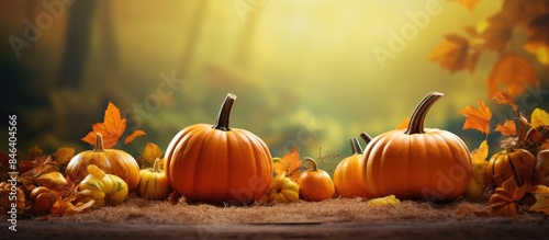 An autumn themed composition featuring ripe pumpkins and natural forest decorations set against a colorful background creating a copy space image