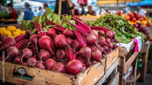 Yellow and red beetroots with leaves in wooden crates at farmers market.