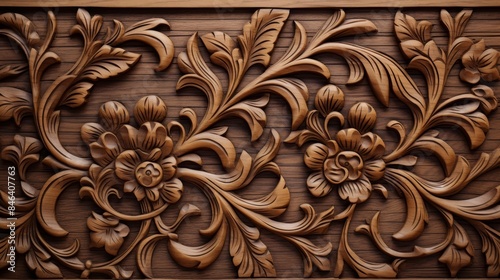 Intricate wooden floral carving with ornate details.