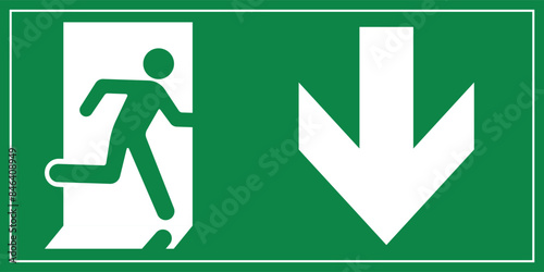 A Man Run to Exit Door Sign with Arrow show direction Down Right Symbolizing Emergency Evacuation